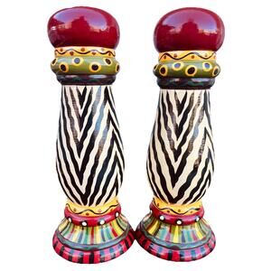 Wood Painted Salt & Pepper Shakers Zebra Stripes Bright Safari 8.5" SET of 2